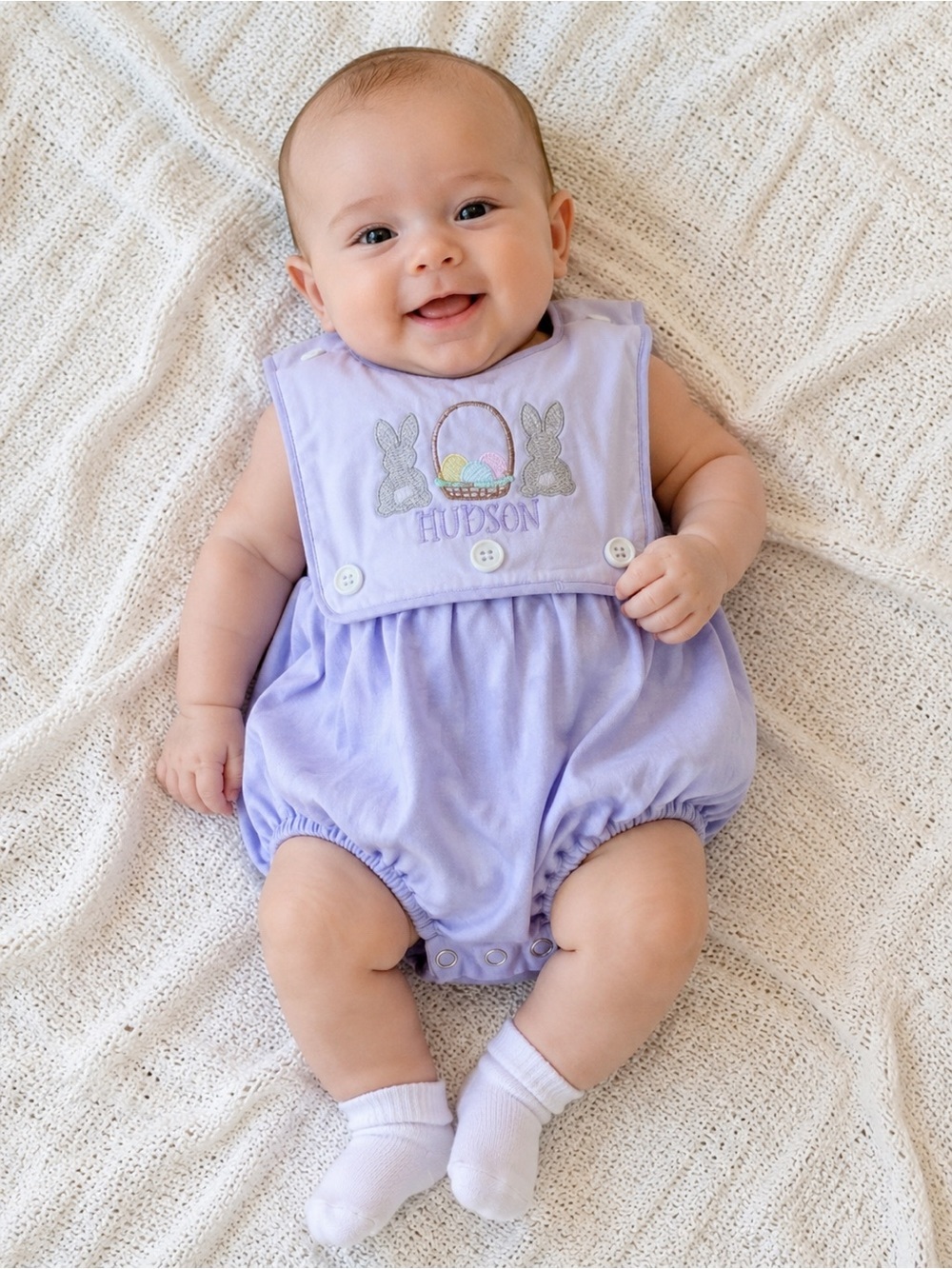 Boutique Embroidered Easter Bunny Baby Bubble Romper – Light Blue/Periwinkle